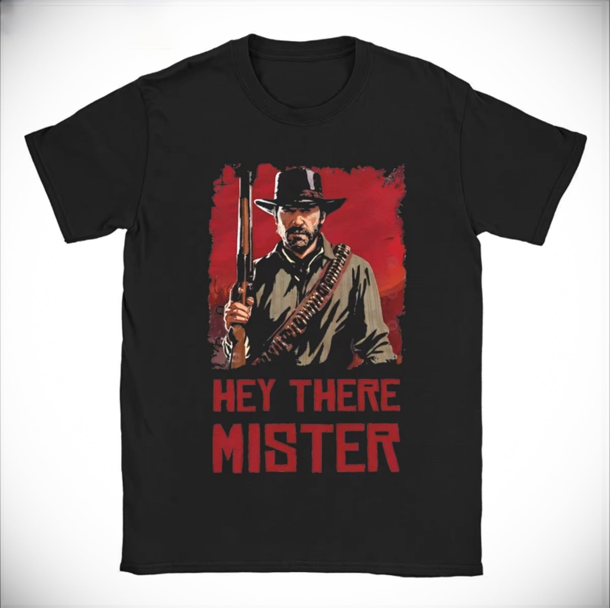 Red Dead Redemption Casual "HEY THERE MISTER" Arthur Morgan Tshirt - Black / 6XL Available at 2Fast2See.co