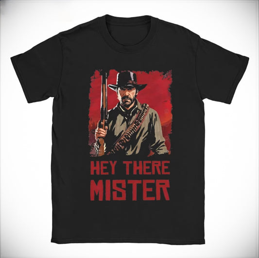 Red Dead Redemption Casual "HEY THERE MISTER" Arthur Morgan Tshirt - Black / 6XL Available at 2Fast2See.co