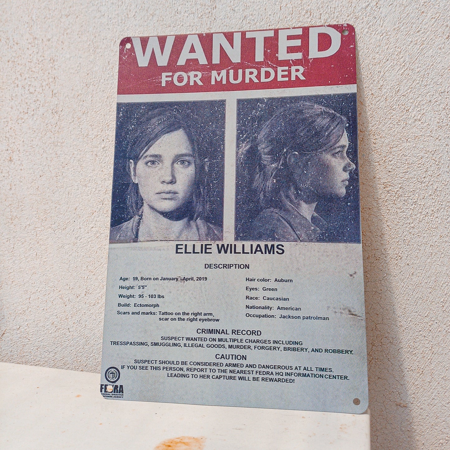 Wanted for Murder Ellie Williams Inspired Metal Sign Vintage Metalic Poster - 20x30cm Available at 2Fast2See.co