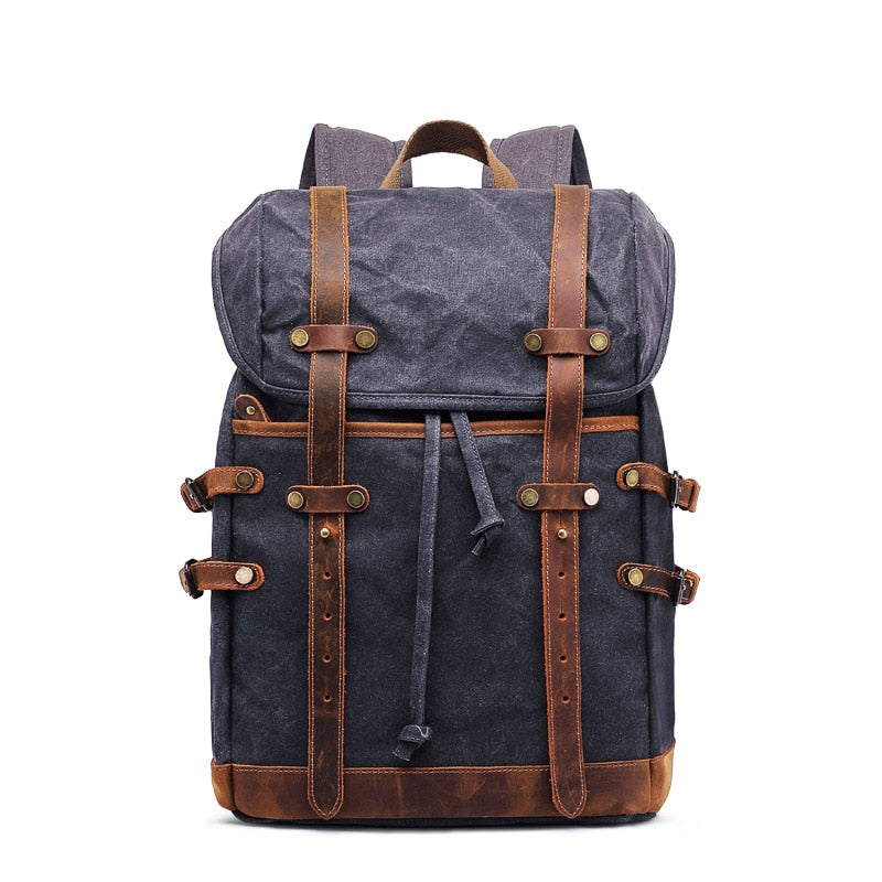 Waxed Canvas & Leather Outdoor Backpack - Gray +Gift Available at 2Fast2See.co