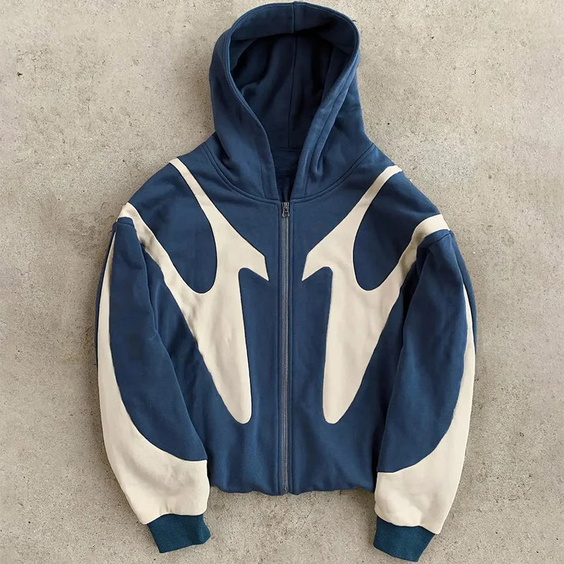 American Retro Casual Hoodie Zipper Sweatshirt Clothing - Blue / XXL Available at 2Fast2See.co
