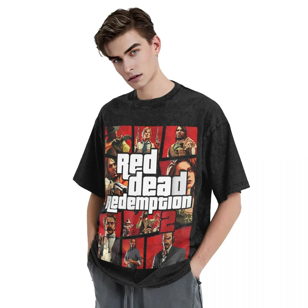 Red Dead Redemption Washed Vintage Tshirt Gaming Tee - Vintage Black / S Available at 2Fast2See.co