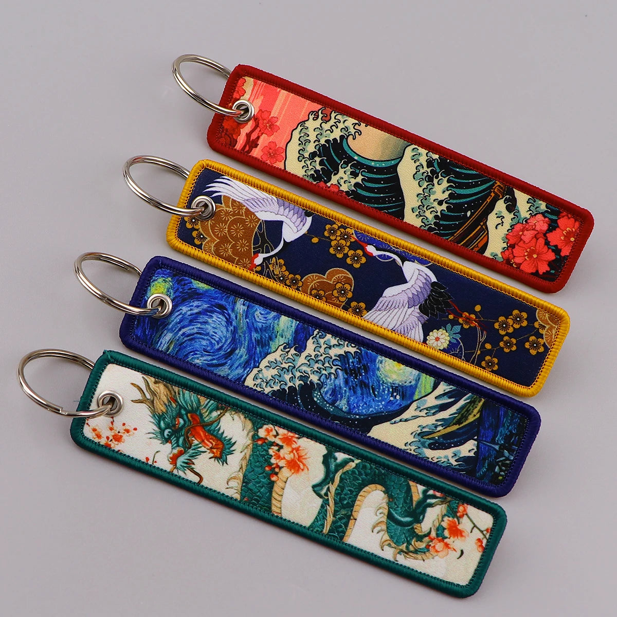 Van Gogh Embroidery Key Fobs Japanese Waves Key Tags Keychains 3x13cm