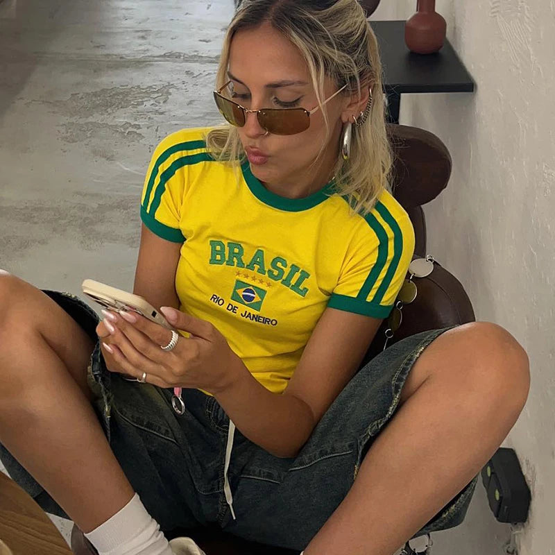 Aesthetic Women Brazil Crop Top Streetwear Tshirt - Blue / S Available at 2Fast2See.co