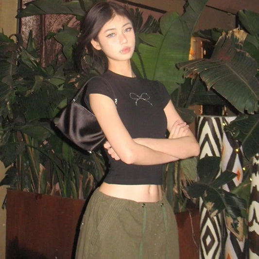 Vintage Summer Women Punk Tops Rhinestone Bow Tie - White / S Available at 2Fast2See.co