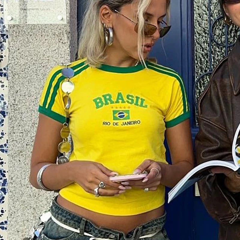 Aesthetic Women Brazil Crop Top Streetwear Tshirt - Blue / S Available at 2Fast2See.co