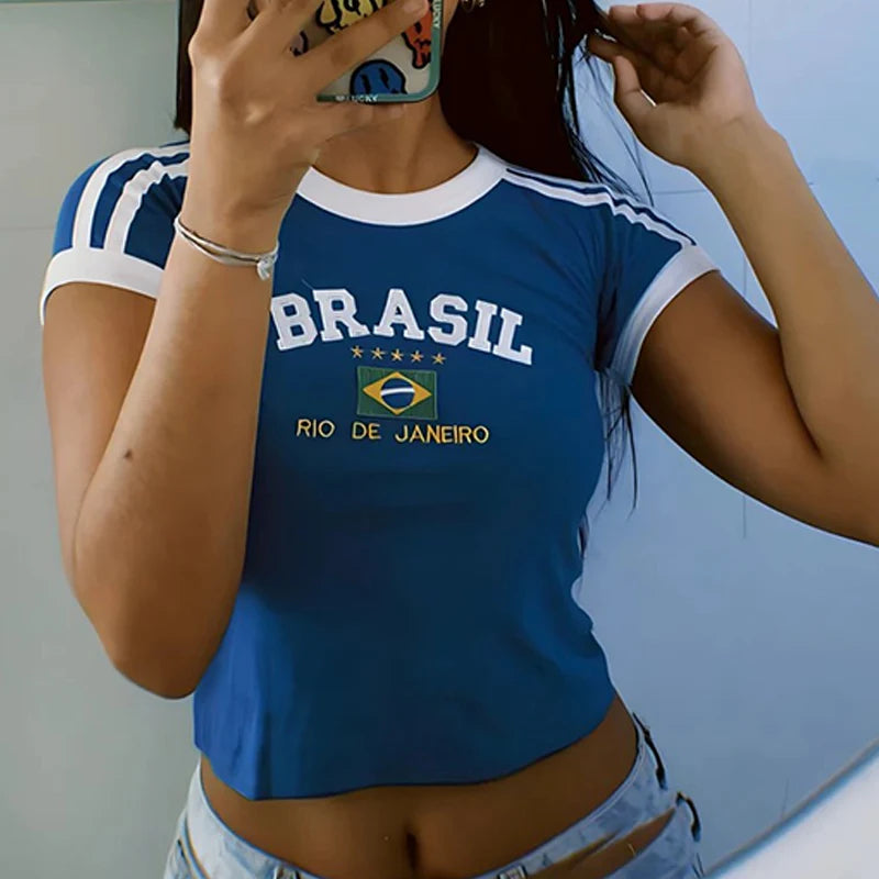 Aesthetic Women Brazil Crop Top Streetwear Tshirt - Blue / S Available at 2Fast2See.co