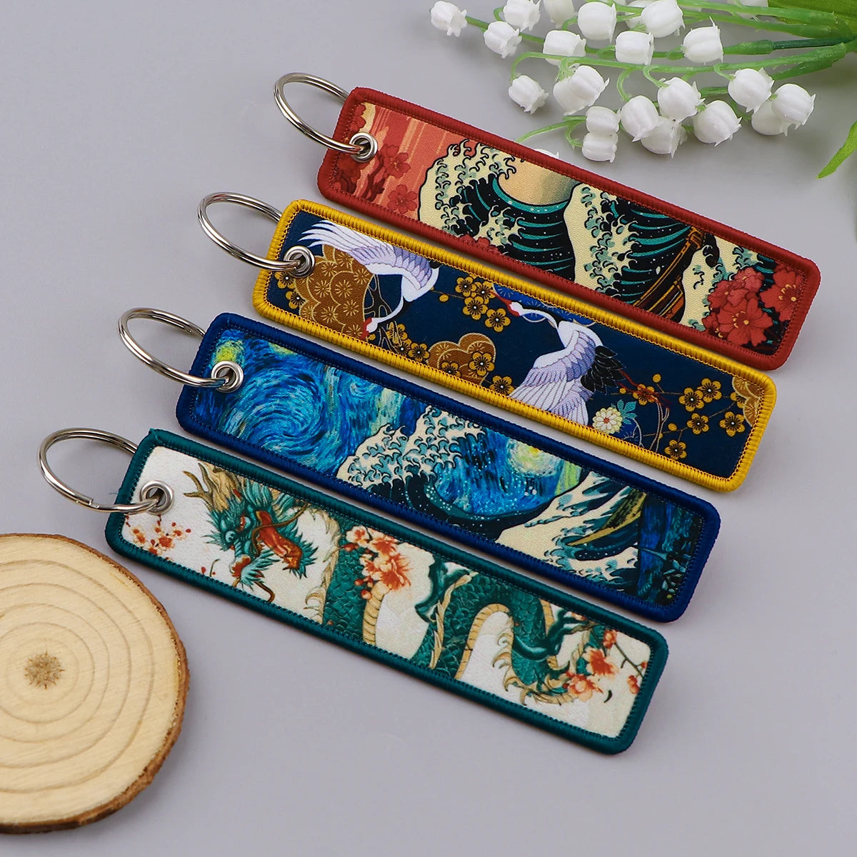 Van Gogh Embroidery Key Fobs Japanese Waves Key Tags Keychains 3x13cm