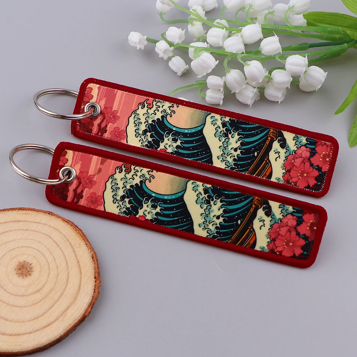 Van Gogh Embroidery Key Fobs Japanese Waves Key Tags Keychains 3x13cm