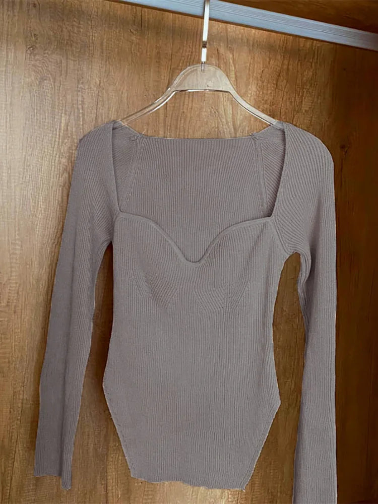 Women's Square Collar Knitted Pullover Sweater - Long Sleeve Spring/Autumn Fashion - Gray Brown / One Size Available at 2Fast2See.co