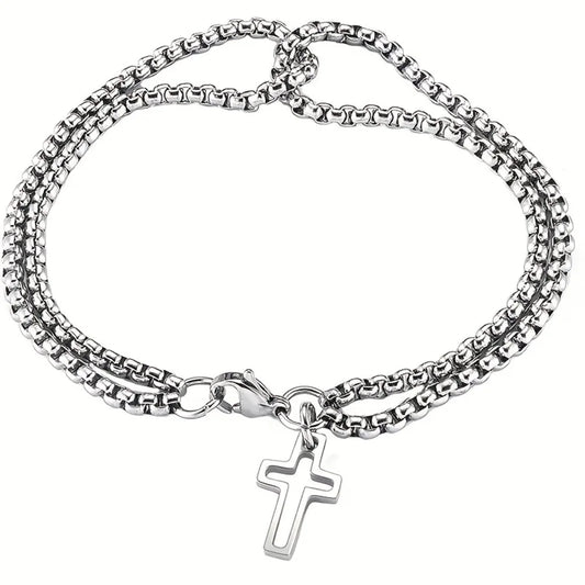 Retro Stainless Steel Hollow Cross Double Chain Bracelet - Retro Silver Available at 2Fast2See.co