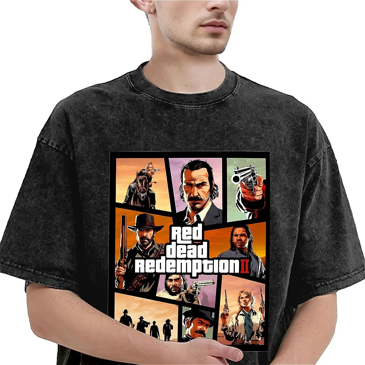 Red Dead Redemption II John Marston Aesthetic Washed Gaming Tshirt - Vintage Black / S Available at 2Fast2See.co