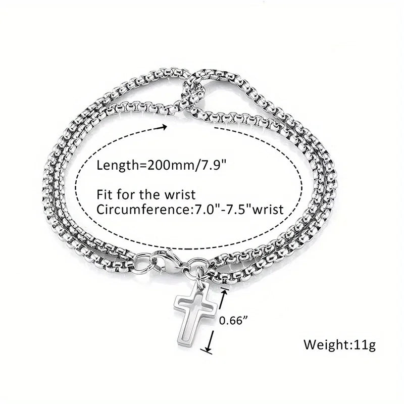Retro Stainless Steel Hollow Cross Double Chain Bracelet - Retro Silver Available at 2Fast2See.co