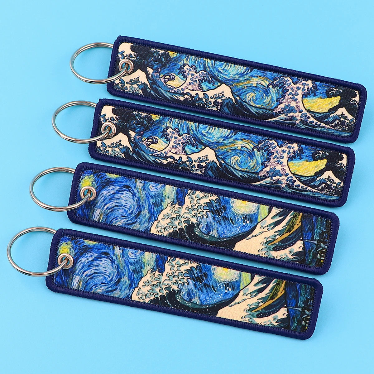 Van Gogh Embroidery Key Fobs Japanese Waves Key Tags Keychains 3x13cm