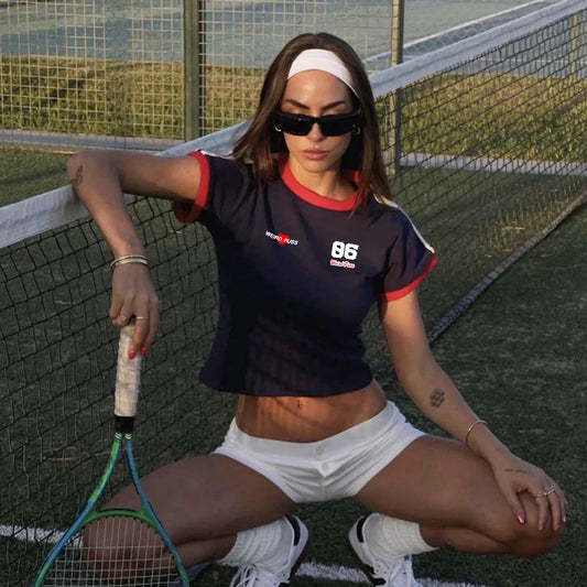 Retro Women Navy Blue Casual Short Sleeve Tshirt - Navy Blue / S Available at 2Fast2See.co