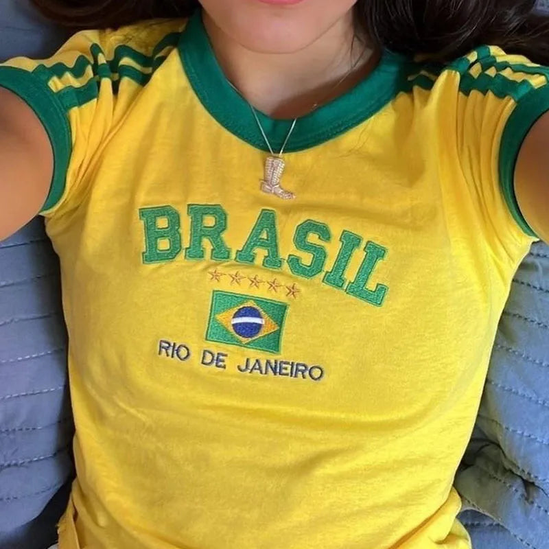 Aesthetic Women Brazil Crop Top Streetwear Tshirt - Yellow / S Available at 2Fast2See.co