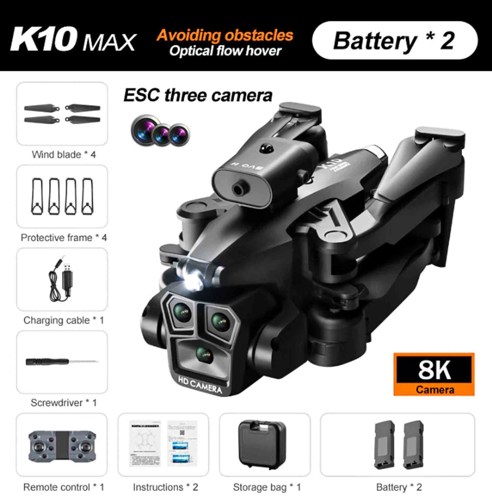 K10 Thunder Drone - Triple 8K and Carbon Fiber - Black - 2 Batteries Available at 2Fast2See.co