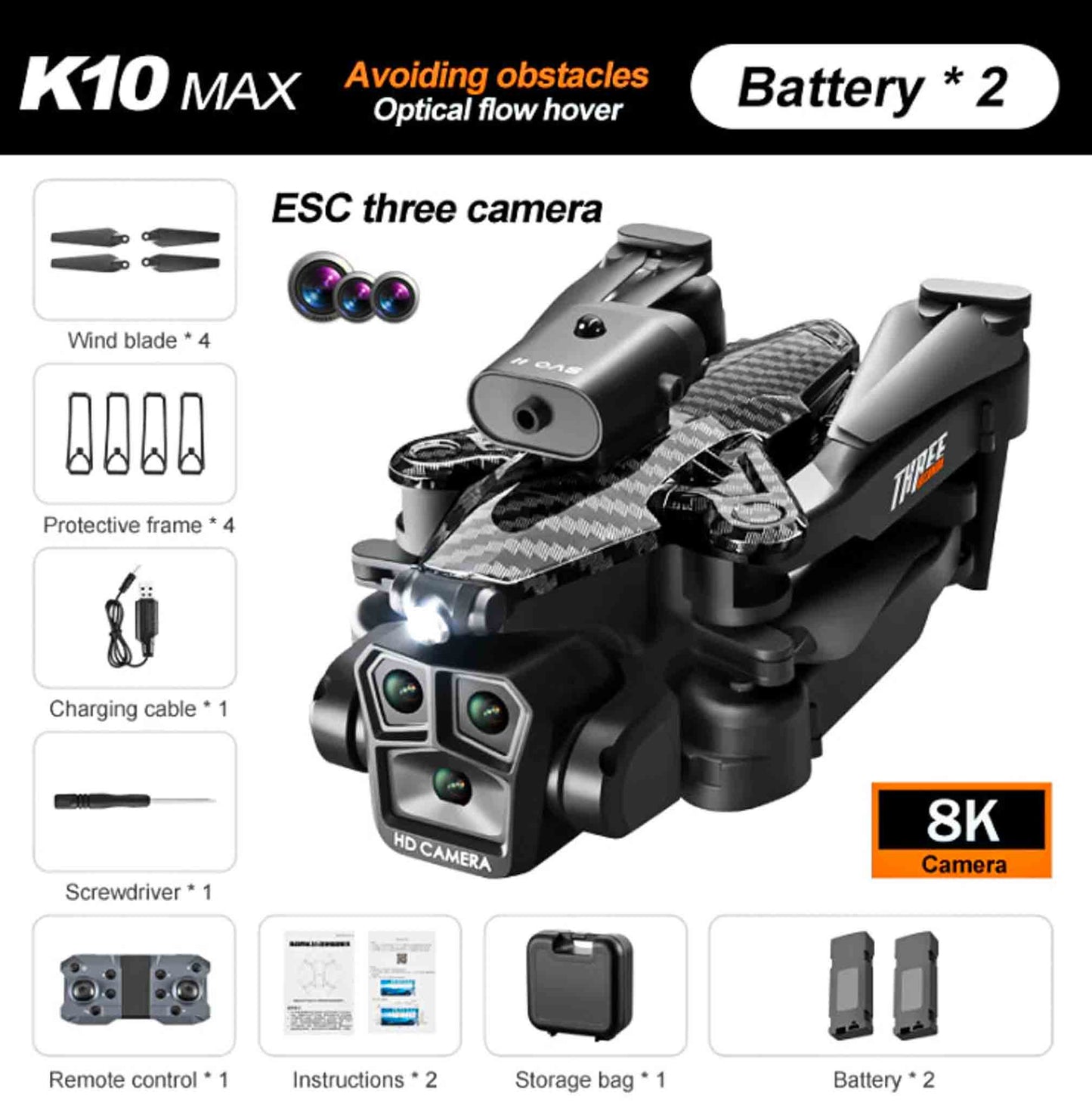 K10 Thunder Drone - Triple 8K and Carbon Fiber - Carbon Fiber - 2 Batteries Available at 2Fast2See.co