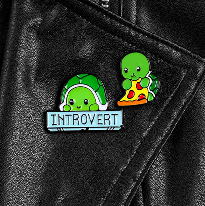 Introvert Tortoise Love Pizza Turtle Enamel Pins - Available at 2Fast2See.co