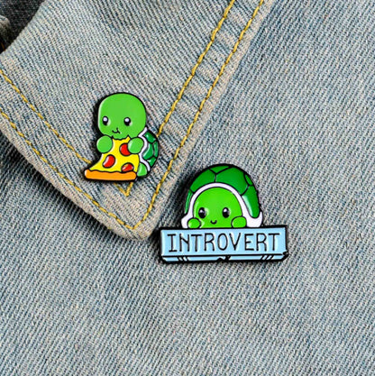 Introvert Tortoise Love Pizza Turtle Enamel Pins - Available at 2Fast2See.co