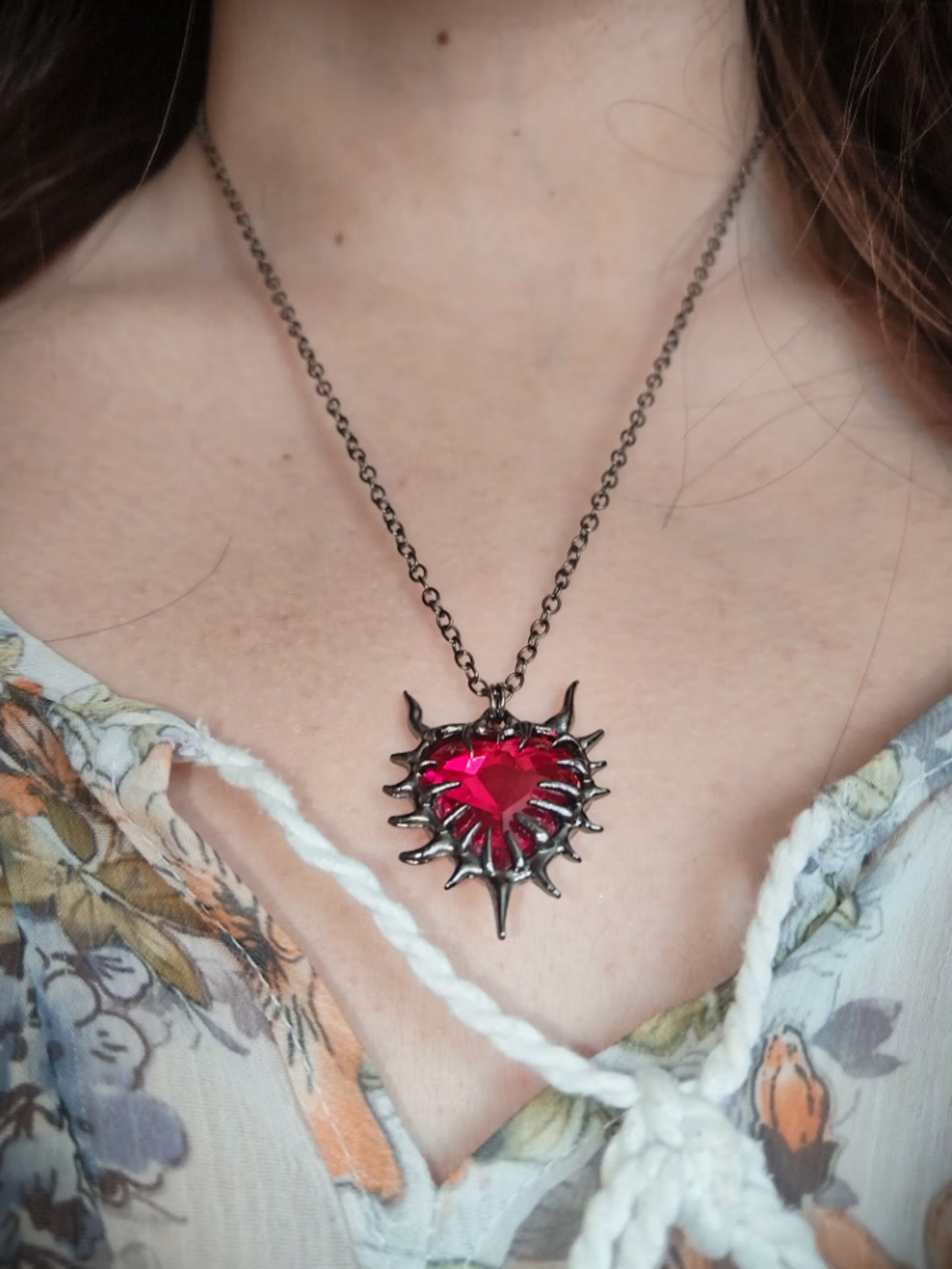 Dark Gothic Thorn Red Heart Pendant