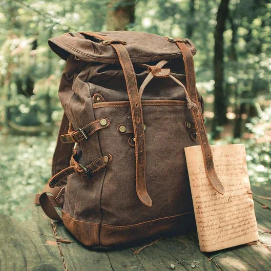Waxed Canvas & Leather Outdoor Backpack - Beige +Gift Available at 2Fast2See.co