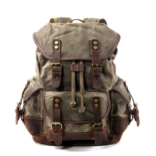 Vintage Backpack from Canvas & Cowhide for Hiking Camping - Army Green Available at 2Fast2See.co