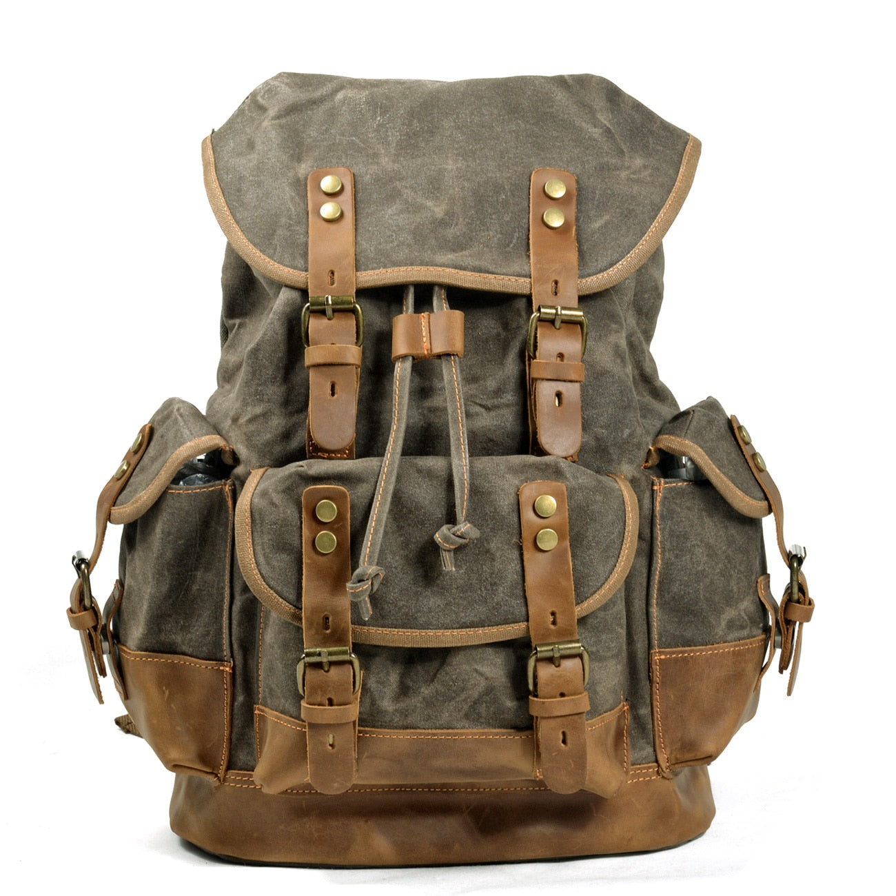 Vintage Backpack from Canvas & Cowhide for Hiking Camping - Army Green 2 Available at 2Fast2See.co