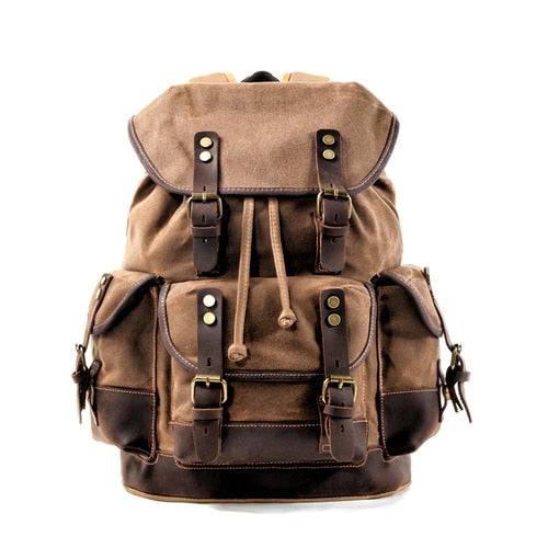 Vintage Backpack from Canvas & Cowhide for Hiking Camping - Khaki Available at 2Fast2See.co
