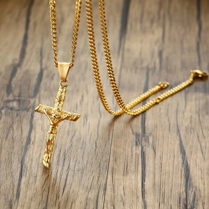 Stainless Steel Cross Jesus Christ Gold Necklace Jewelry Gift