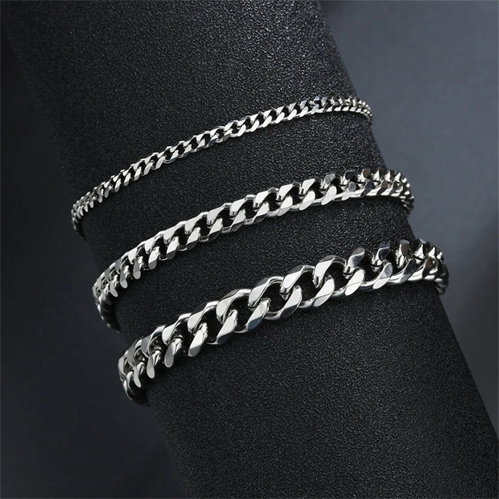 Hip Hop Stainless Steel Cuban Chain Bracelet - Silver Color / 22cm / 5mm Available at 2Fast2See.co