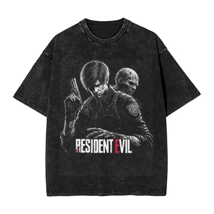 Resident Evil Washed Tshirt Leon Kennedy Retro Tee - Vintage Black / S Available at 2Fast2See.co