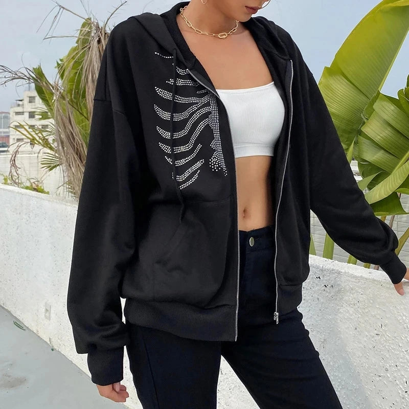 Retro Skeleton Hooded Jacket Women Black - Available at 2Fast2See.co