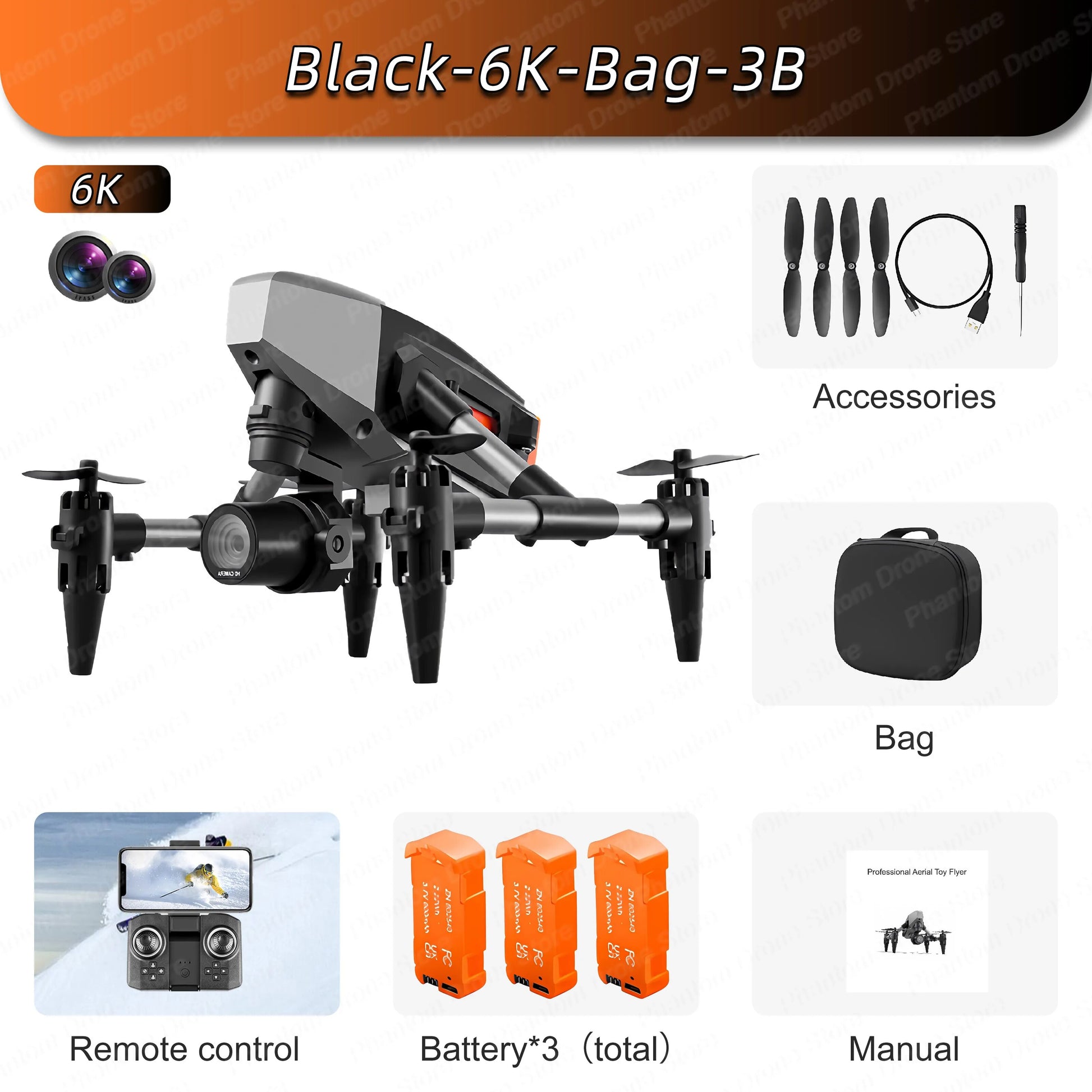 Spy Mini Drone XD1 Compact Outdoors Professional 4K/6K/8K - Black-Dual6K-Bag-3B Available at 2Fast2See.co