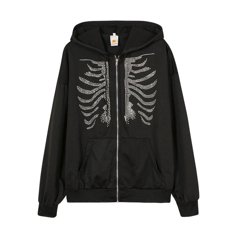 Retro Skeleton Hooded Jacket Women Black - Available at 2Fast2See.co