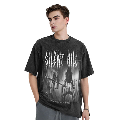 Silent Hill 2 Horror Metal Art Washed Tshirt Vintage Design Cotton Top