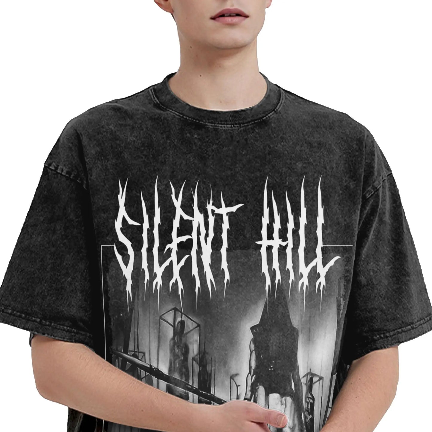 Silent Hill 2 Horror Metal Art Washed Tshirt Vintage Design Cotton Top
