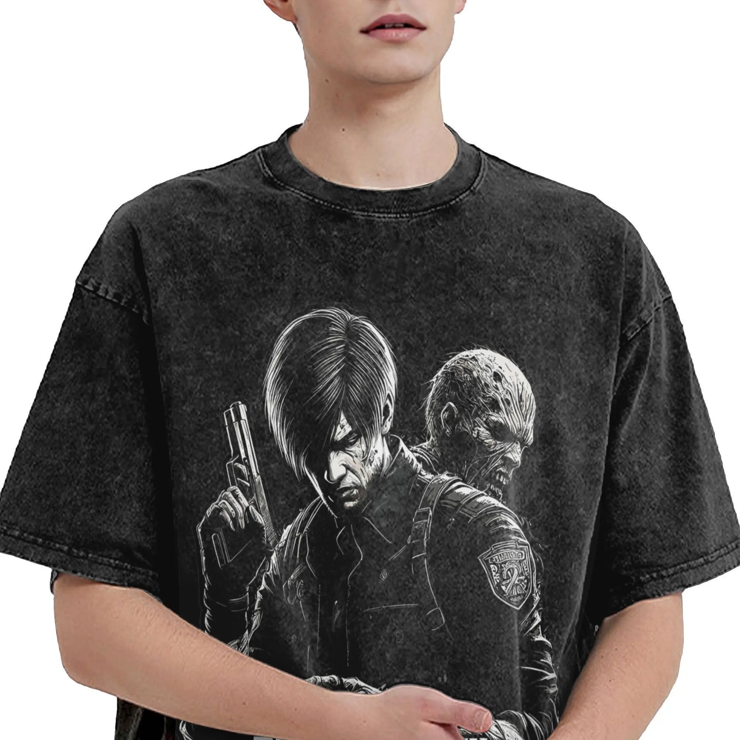 Resident Evil Washed Tshirt Leon Kennedy Retro Tee - Vintage Black / S Available at 2Fast2See.co