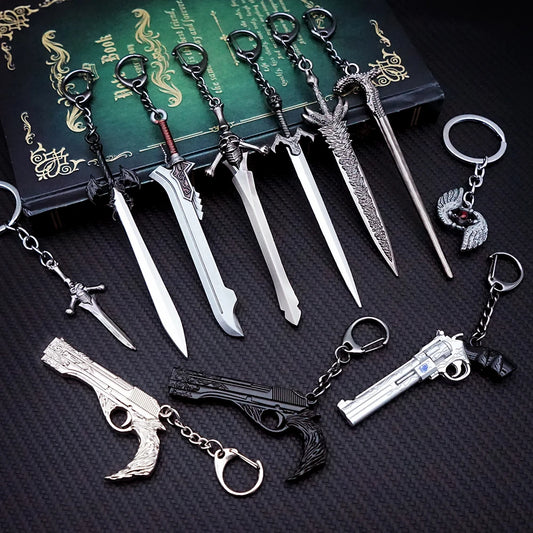 Devil May Cry Dante & Nero Sword Keychain Set - Rebellion, Red Queen, Ebony & Ivory Revolver Keyrings - Available at 2Fast2See.co