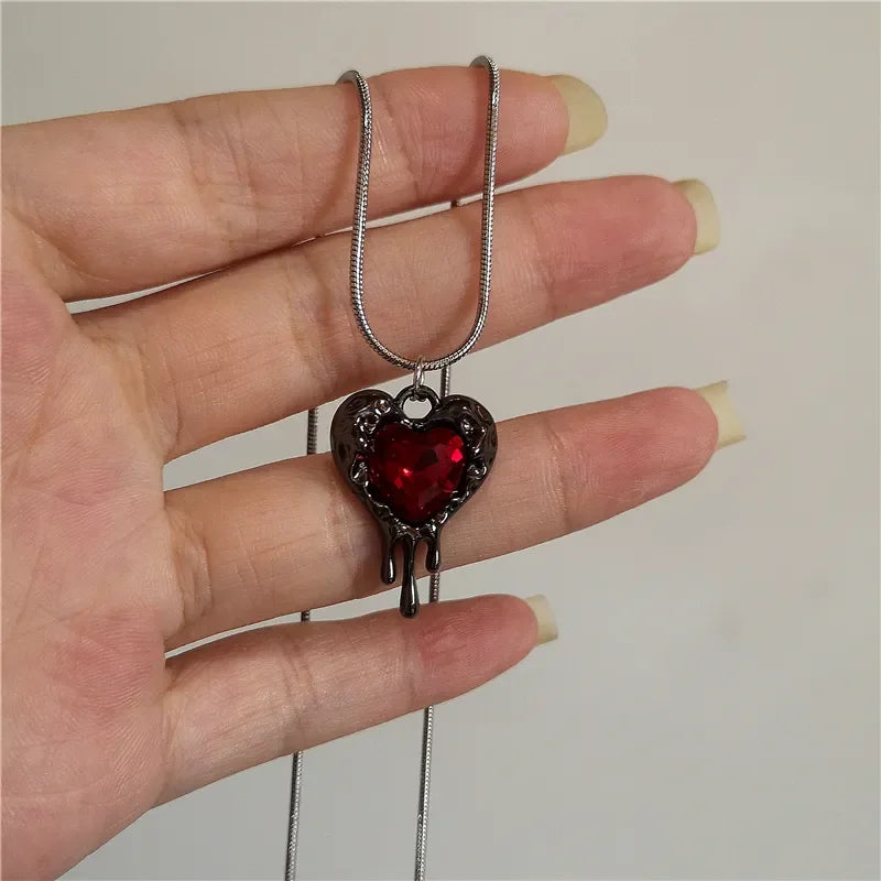 Vintage Red Heart Pendant Chains & Necklaces For Women Men Aesthetic Gothic Jewelry