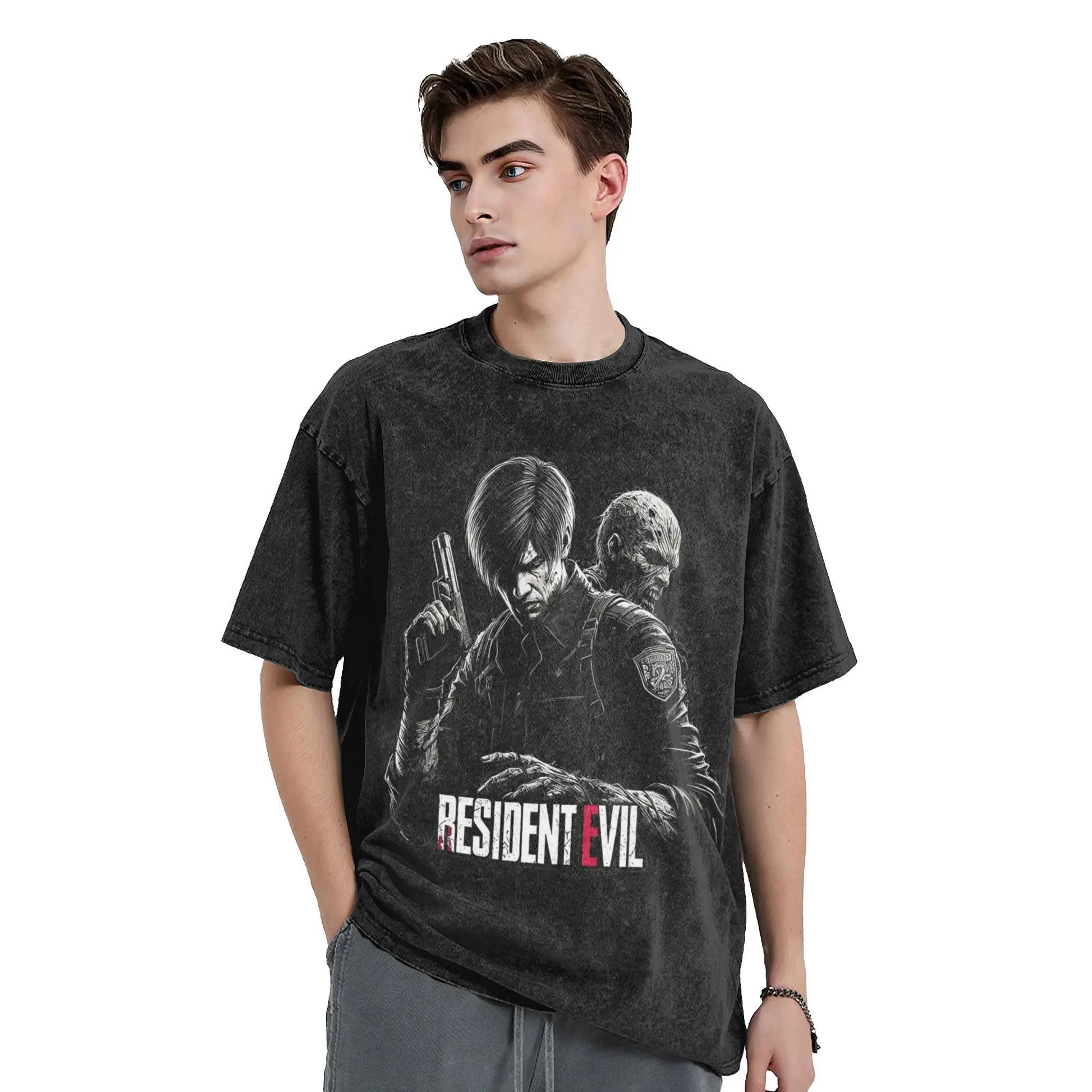 Resident Evil Washed Tshirt Leon Kennedy Retro Tee - Vintage Black / S Available at 2Fast2See.co