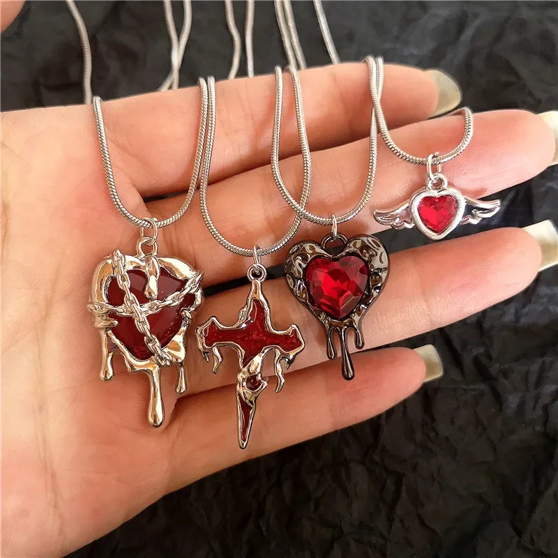 Vintage Red Heart Pendant Chains & Necklaces For Women Men Aesthetic Gothic Jewelry