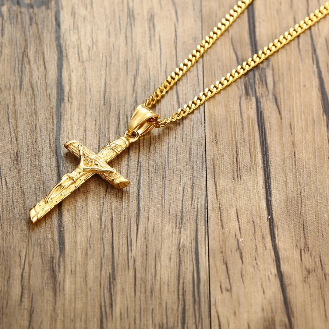 Stainless Steel Cross Jesus Christ Gold Necklace Jewelry Gift