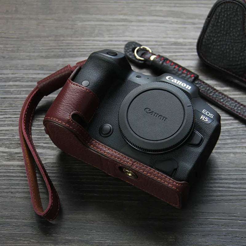 Leather Camera Case - Canon EOS R5 R6 - Coffee with Strap Available at 2Fast2See.co