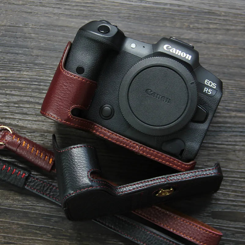 Leather Camera Case - Canon EOS R5 R6 - Black with Strap Available at 2Fast2See.co