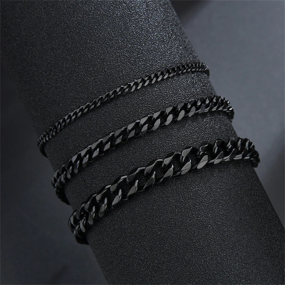 Hip Hop Stainless Steel Cuban Chain Bracelet - Black Color / 18.5cm / 7mm Available at 2Fast2See.co