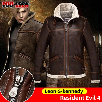 Resident Evil Biohazard 4 Leon·S·kennedy Cosplay Leather Coat Men's Thickened Winter Jacket