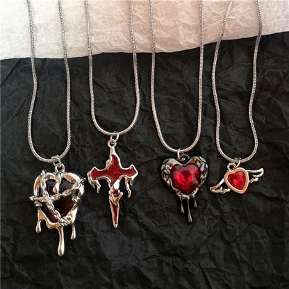 Vintage Red Heart Pendant Chains & Necklaces For Women Men Aesthetic Gothic Jewelry