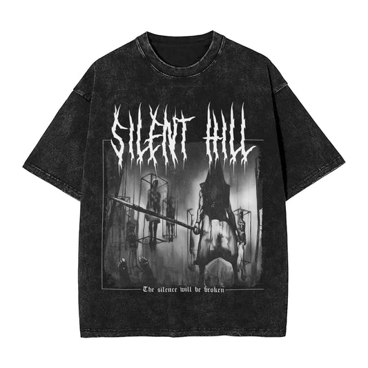 Silent Hill 2 Horror Metal Art Washed Tshirt Vintage Design Cotton Top