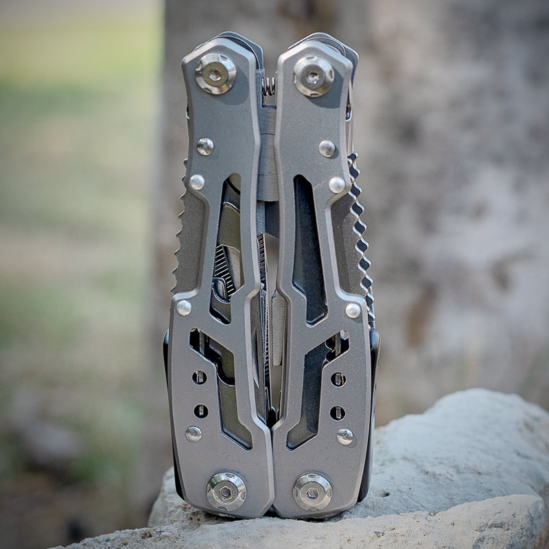 Survival Knife/Pliers Essential 14 in One Outdoor Multitool - Silver Available at 2Fast2See.co